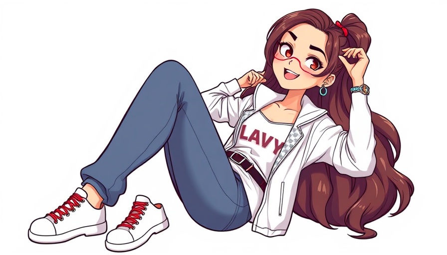 Stylish cartoon woman relaxed in casual attire, bright setting.