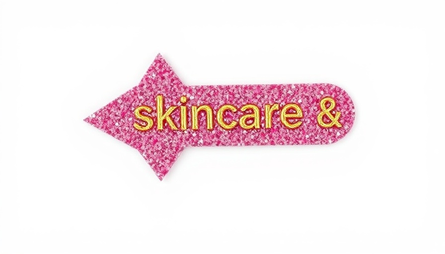 Glittery arrow pointing to skincare & makeup text, white background.