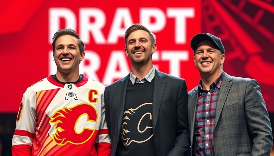 Calgary Flames select Cole Reschny at draft event with vivid red background.