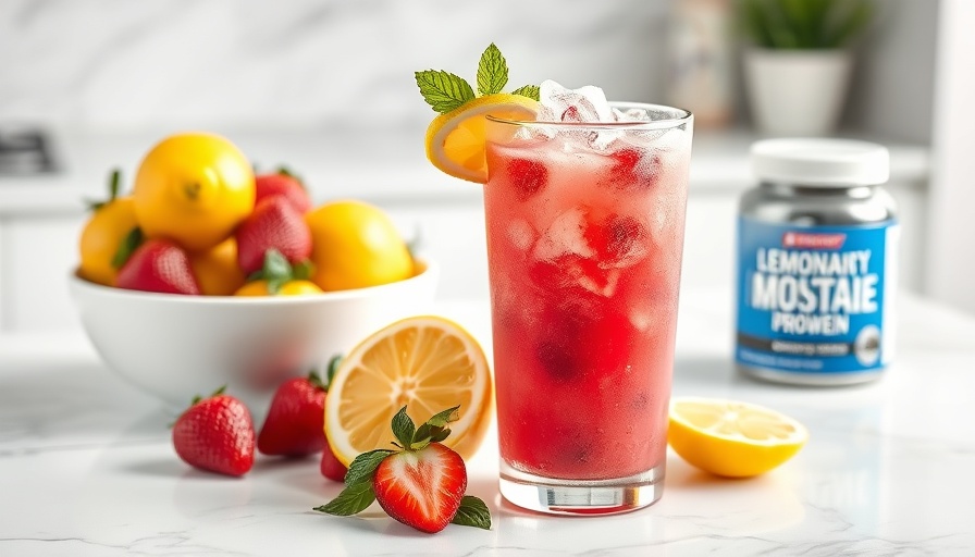 Berry Lemonade Workout Slushie with fresh ingredients on marble.