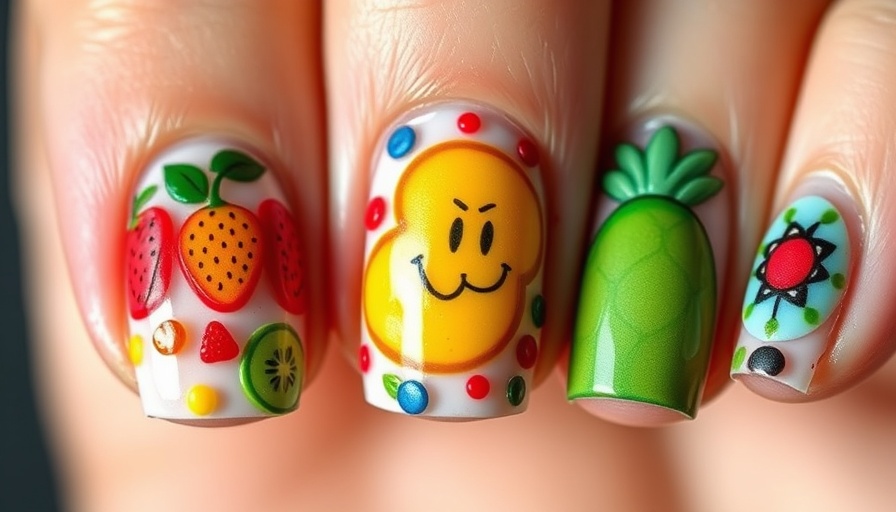 Vibrant micro fruit nail art on neatly manicured hands.