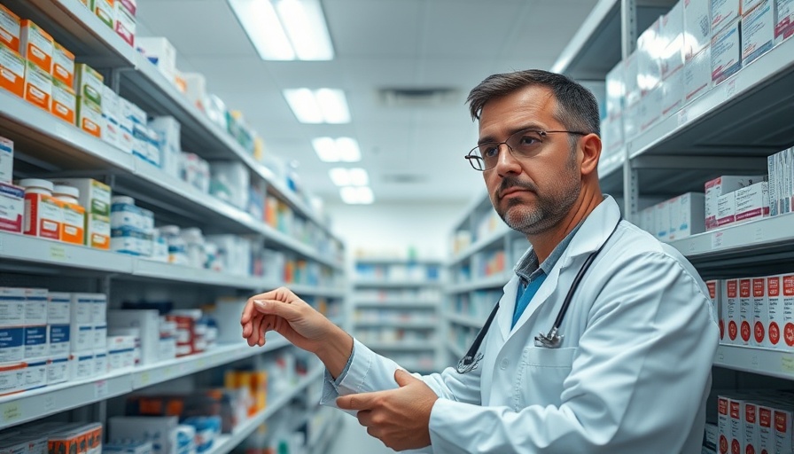 Pharmacist organizing medicine shelves, highlighting medicine shortages.
