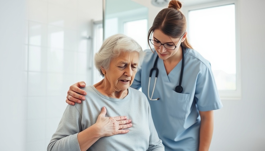 Elderly woman in discomfort assisted by a caregiver in a bathroom.