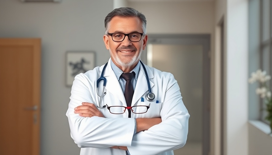 Middle-aged doctor in white coat, senior residency age extension.