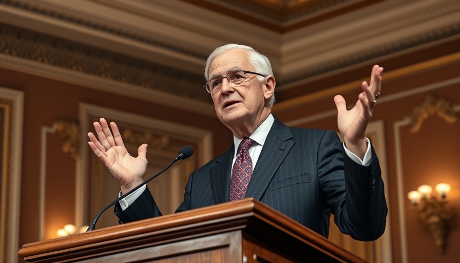 Elderly man at podium in formal suit gesturing energetically, bright room.