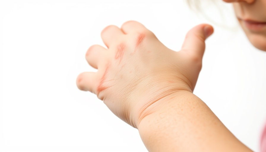 Child's arm with irritated skin being scratched, reflecting Amlitelimab long-term safety and efficacy discussion.