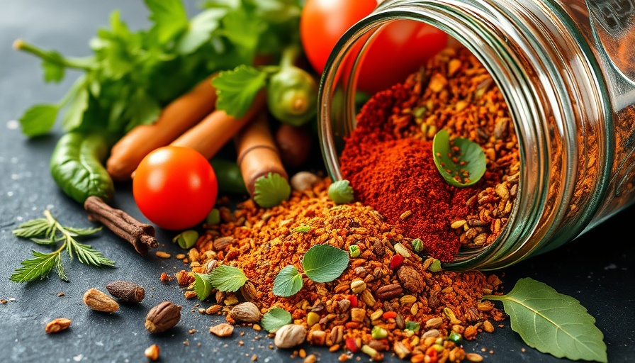 Close-up of spices and vegetables with infused oils in a jar.