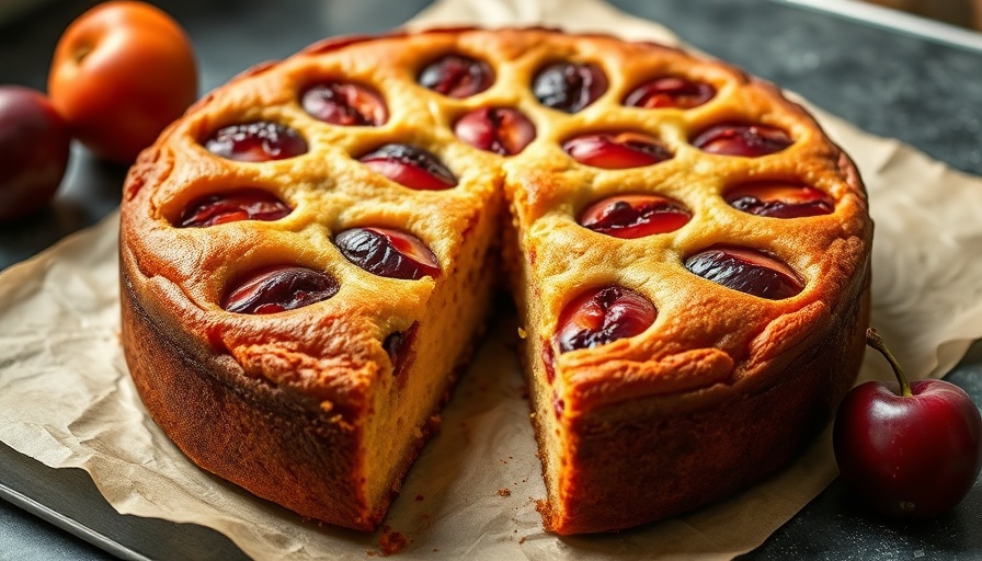 Freshly baked plum cake recipe with vibrant plum pieces.