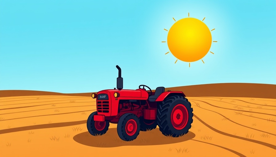 Cartoon map of Louisiana with red tractor under bright sun.