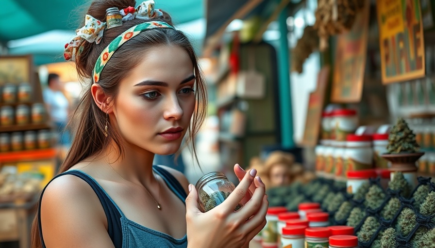 Woman examining cannabis jar outdoors at a market, cannabis industry news.