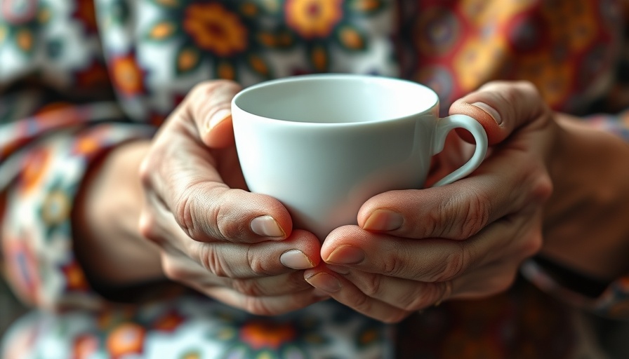 Close-up of elderly hands holding a teacup, illustrating early signs of aging.