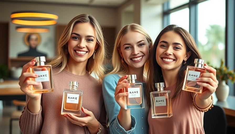 Women holding Rare Eau de Parfum, smiling in bright, natural light.