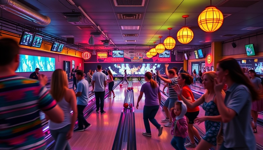 Energetic bowling alley scene with people and neon lights, Stoked by Splitsville Bowl.