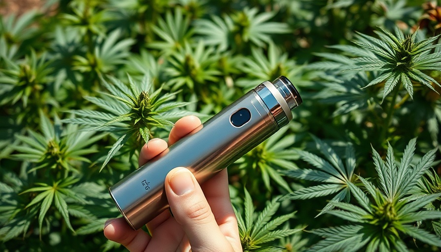 Sleek vaporizer held among cannabis plants highlighting Vaporized Cannabis for Migraines.