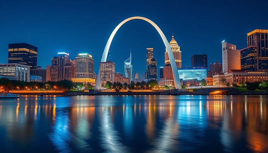 St. Louis Gateway Arch reflecting on river at night; cannabis industry news.