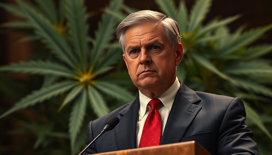 Serious man at podium, marijuana background, Trump reschedule marijuana