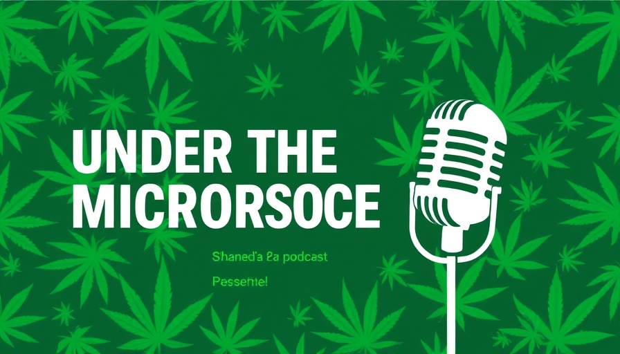 Cannabis industry compliance podcast cover with a microphone and cannabis leaves.