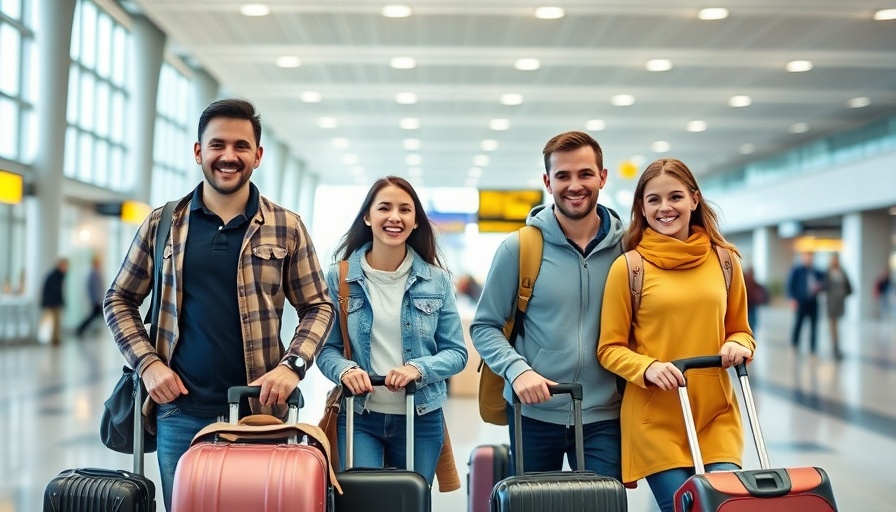 Family with luggage at airport, focusing on travel precautions.