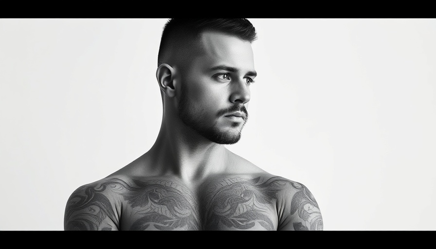 Tattooed man in black shirt, Glen Coyle cannabis for veterans portrait.