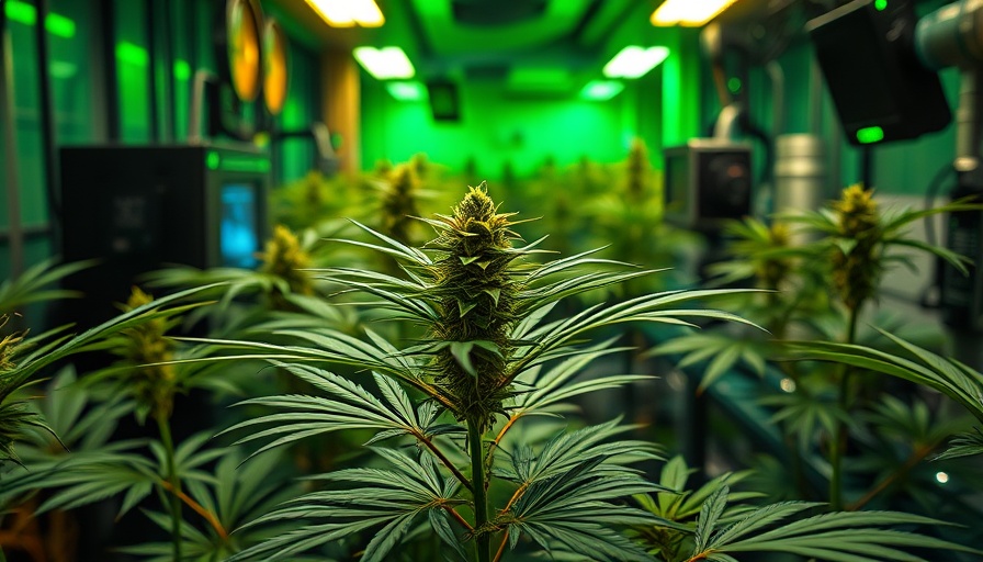 Cannabis technology innovations in a futuristic greenhouse.