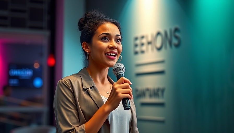 Woman speaking at an indoor event with colorful lighting backdrop related to cannabis banking.