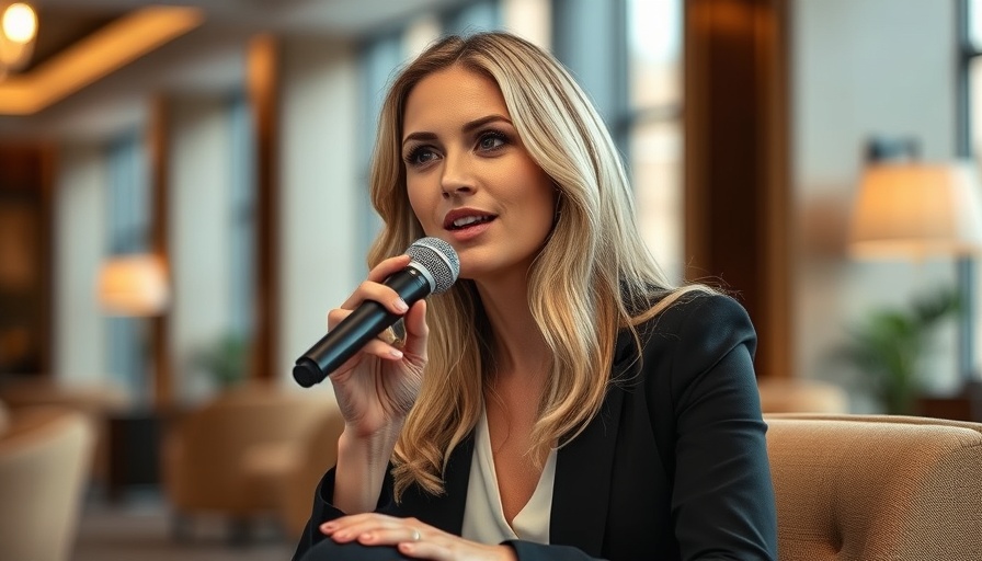 Woman discussing Cannabis Banking in a hotel lobby setting.