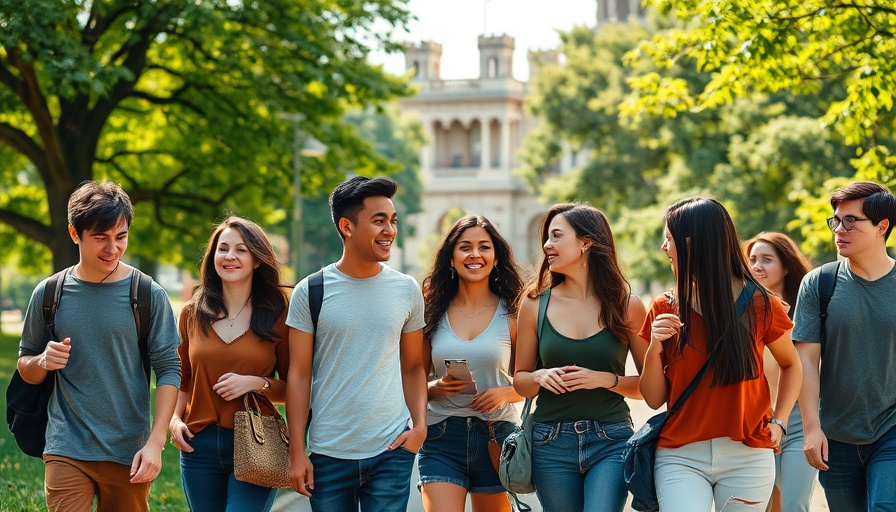 Young adults walking in park, vibrant greenery.