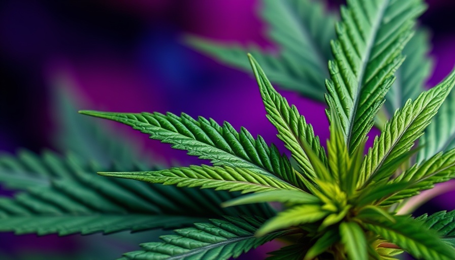 Close-up vibrant cannabis leaf under colorful lighting