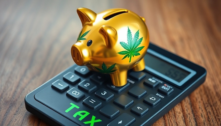 Golden piggy bank with cannabis leaf on calculator, highlighting modern cannabis excise tax policies.