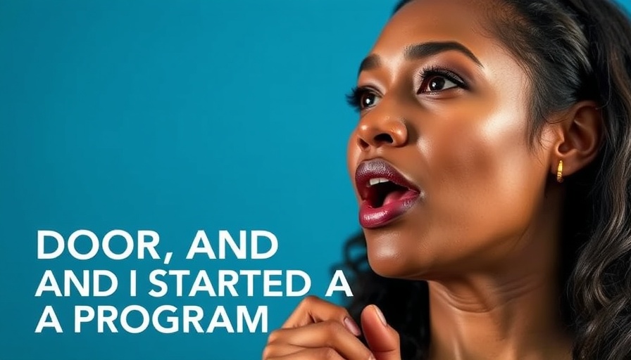 Close-up of woman speaking with a blue backdrop, text overlay.