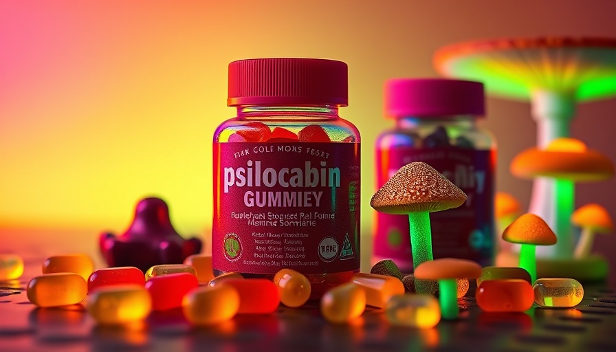 Colorful psilocybin gummies and capsules with glowing mushrooms, microdosing psilocybin for mental clarity.