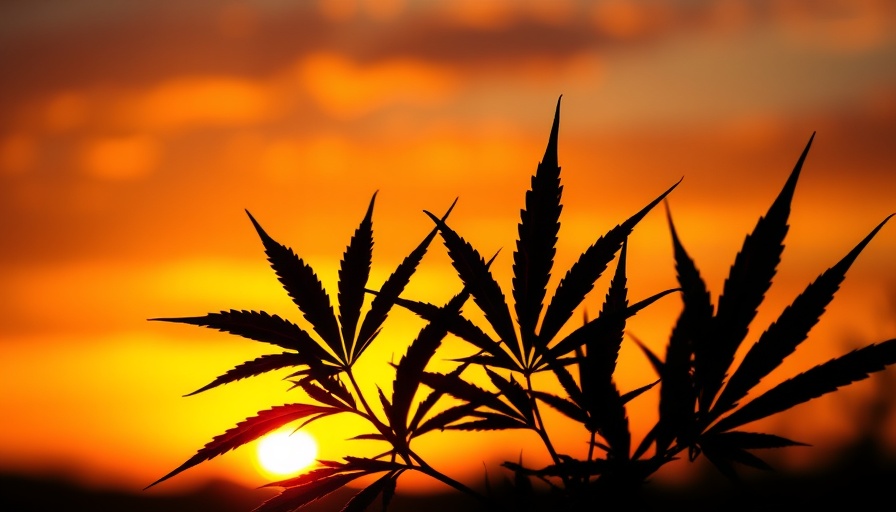 Silhouetted cannabis leaves against sunset, highlighting vibrant colors and natural beauty.
