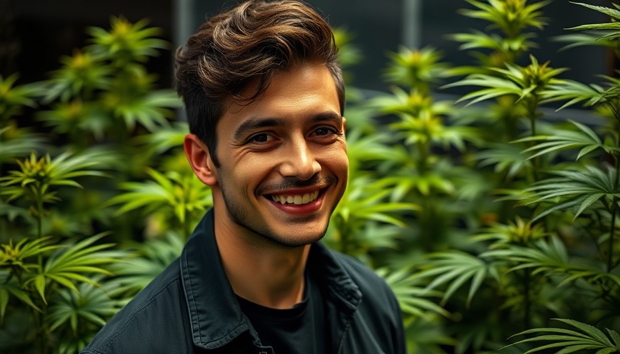 Smiling man in front of cannabis plants, highlighting cannabis marketing opportunities.