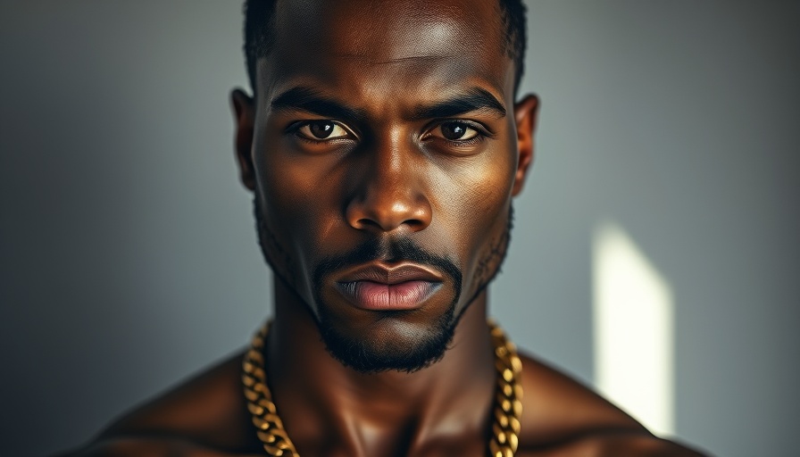 Close-up portrait of a man with a gold chain, dramatic lighting.