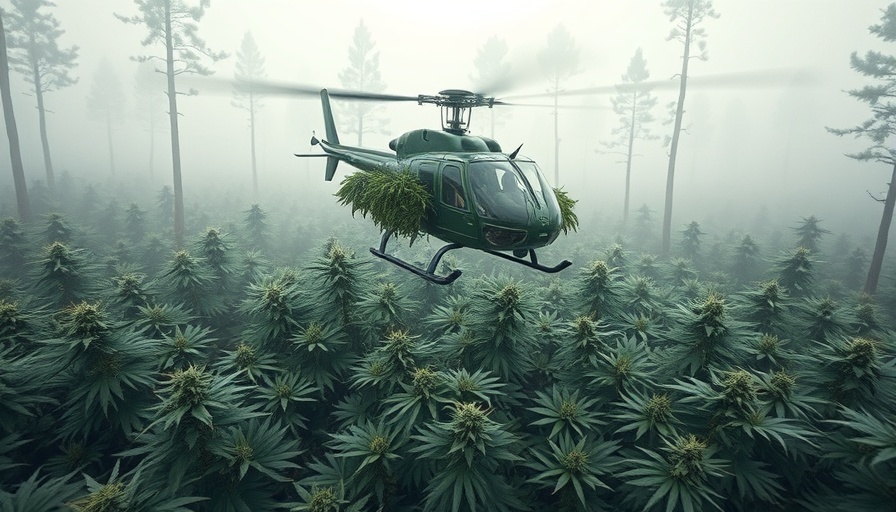 Helicopter over cannabis farm in misty mountains, cannabis culture.