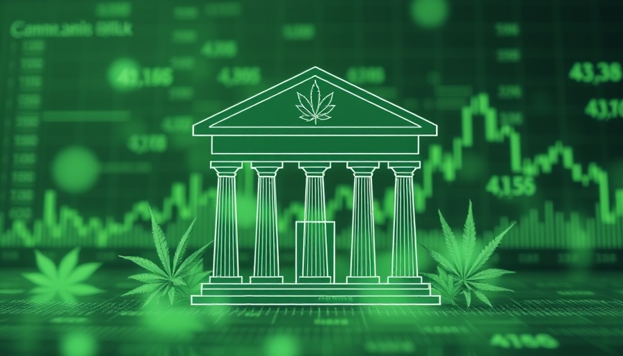 Illustration of cannabis banking reforms with bank icon and charts.