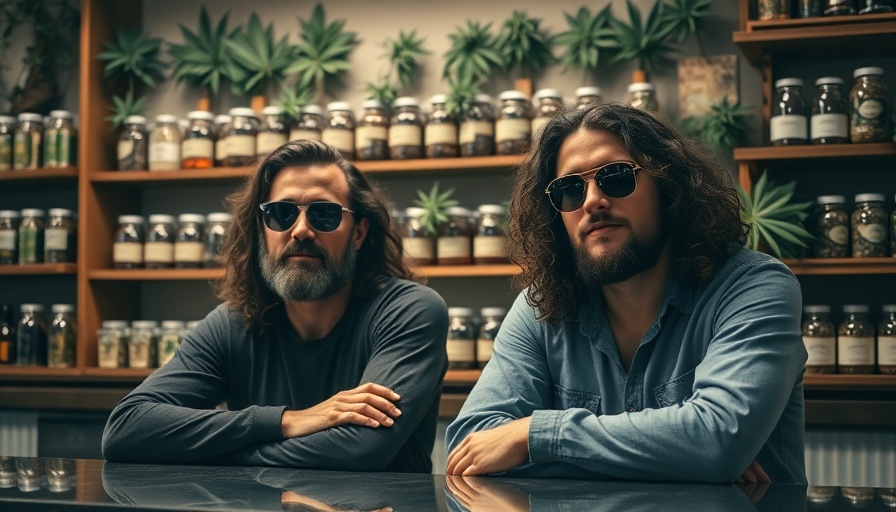 Cannabis culture scene with men behind counter.