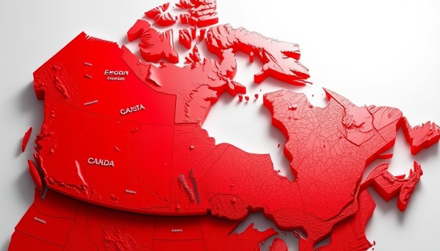 Bold red 3D map of Canada highlighting cannabis regions.
