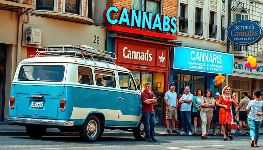 Lively cannabis dispensary scene with retro van and people outside.