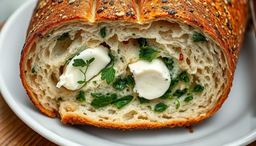 Easy herb bread recipe featuring sliced loaf with herbs and cheese.