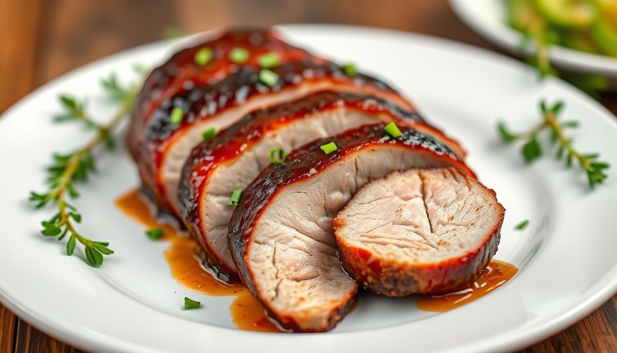 Glazed pork tenderloin with herbs on a plate.