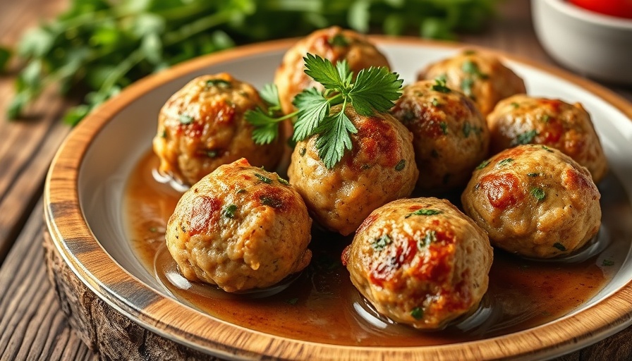 Ground chicken meatballs garnished with herbs.