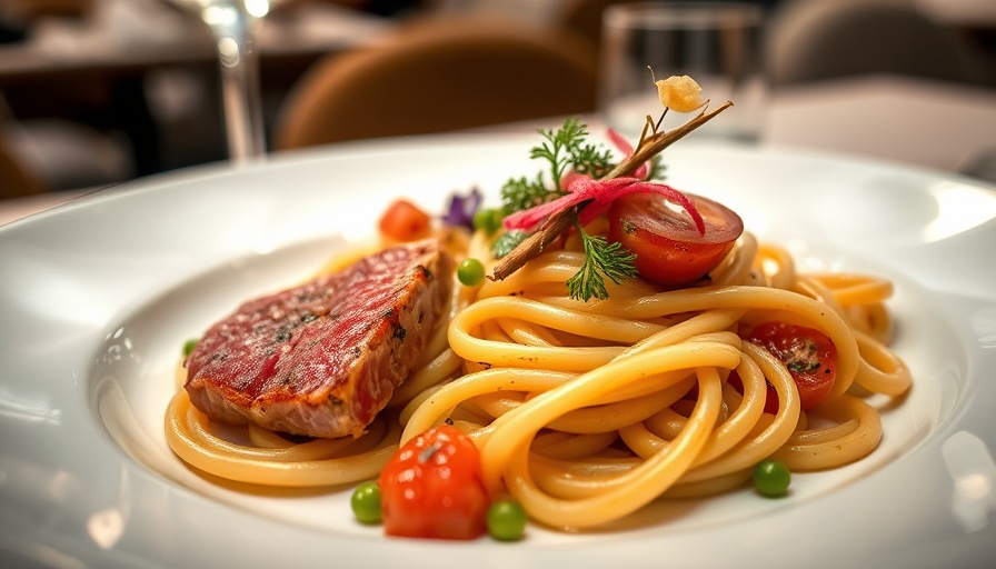 Elegant dish of fresh tuna with paccheri pasta garnished.