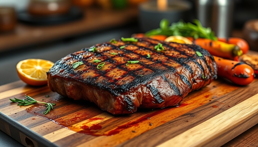 Juicy flat iron steak with herbs and grilled vegetables.