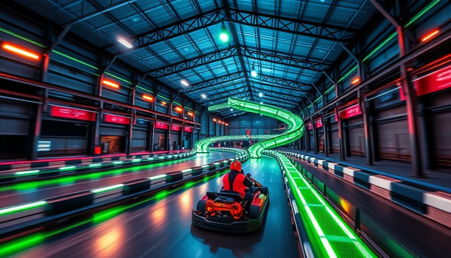 Andretti Indoor Karting Glendale track with neon green lights and racer.