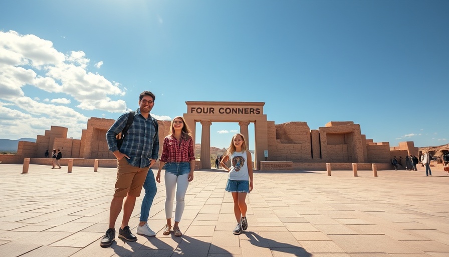 Family visiting Four Corners Monument with kids under a sunny sky.