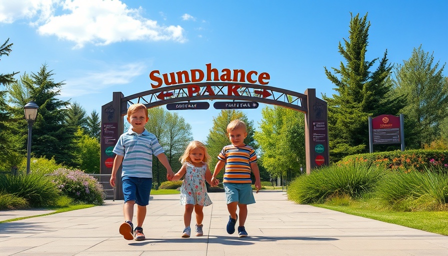 Children walking towards Sundance Park entrance, clear sky.