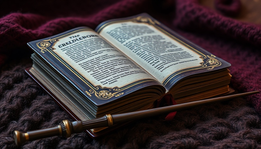 Harry Potter Birthday Bash spellbook and wand on Gryffindor scarf.