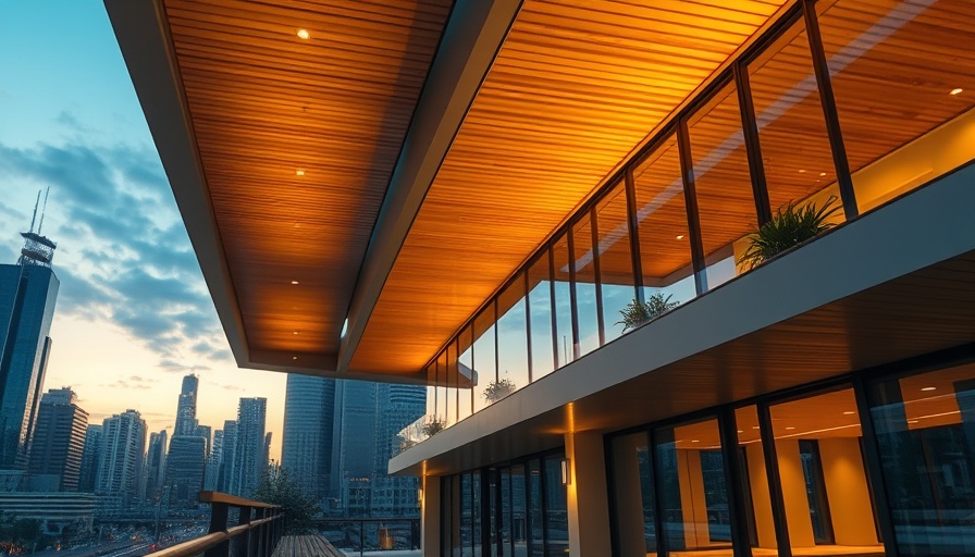 Modern building facade in Phoenix with wooden ceiling at twilight, green art exhibition ambiance.