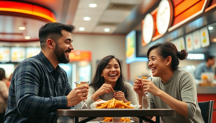 Family enjoying burgers at a lively fast-food restaurant.